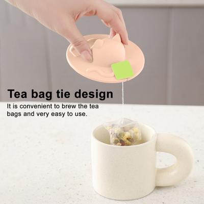 Silicone Cup Lid Heat Resistant Non-Slip Cat Head Design Cup Insulator Lid with Tea Bag Holder Dishwasher Safe Cup Cover for Coffee Milk Tea