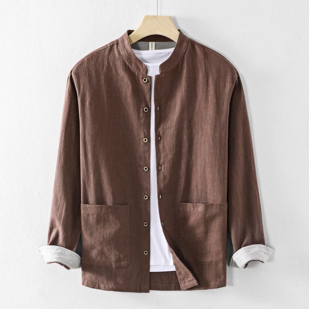 Camicia da uomo in lino e cotone con protezione solare, a maniche lunghe, tinta unita, stile casual cinese, con colletto alto