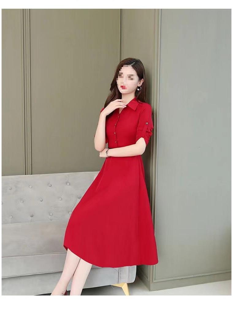 Women's Spring Solid Color Polo Neck Dress - Waist-Cinched, Elegant Style, Plus Size, Long Sleeve, Mid-Length, A-line Skirt.