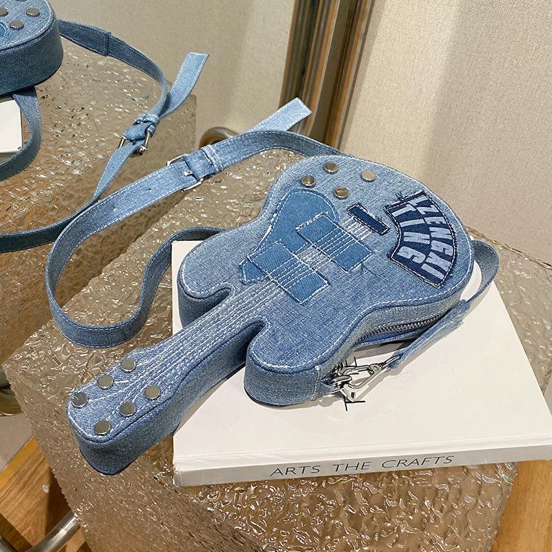 Versatile messenger new Spice Girl unique niche design sense women's retro shoulder bag guitar shape denim bag