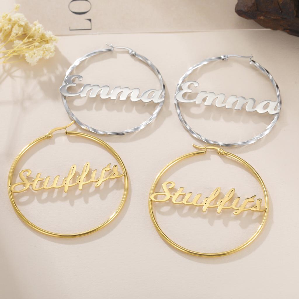 Lemegeton Customized Name Earrings 30 40 50mm Hiphop Hoop Earring Women Stainless Steel Jewelry Trend Personalized Birthday Gift