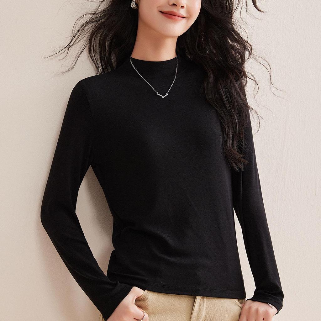 Women’s Tencel Wool Long Sleeve Stand Collar T-Shirt, Spring 2026, Thin White Base Layer, Set-in Shoulders