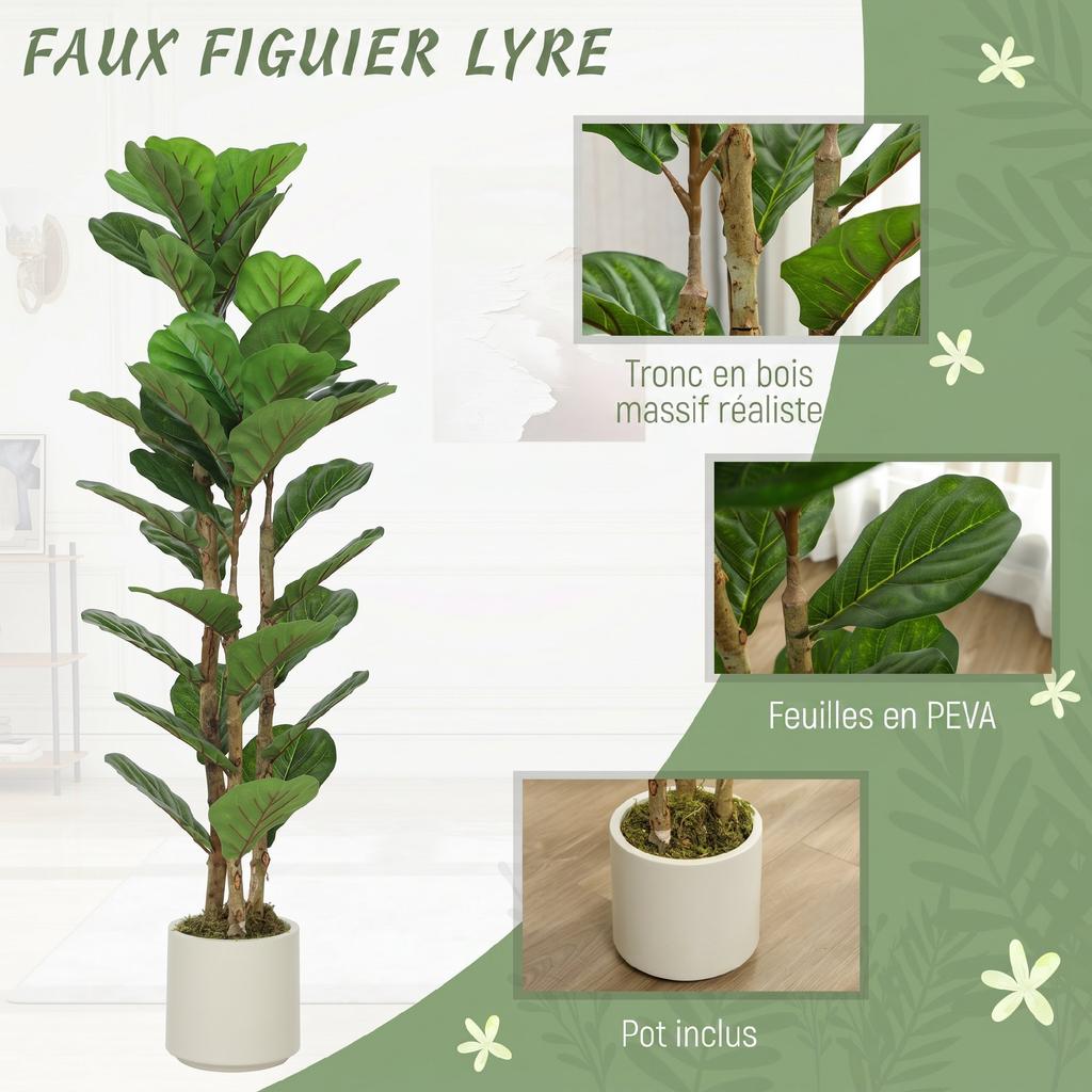 Artificial Plants, Set of 2, 120 cm Fiddle-Leaf Fig, Plastic Pot, Solid Wood Trunk, Green