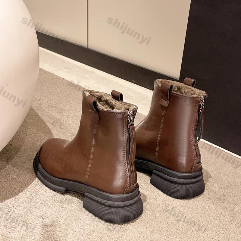 Women's Warm Thick Fleece Short Boots Autumn Winter New Versatile Boots Women Thick Heel Side Zipper Casual Square Short Booties