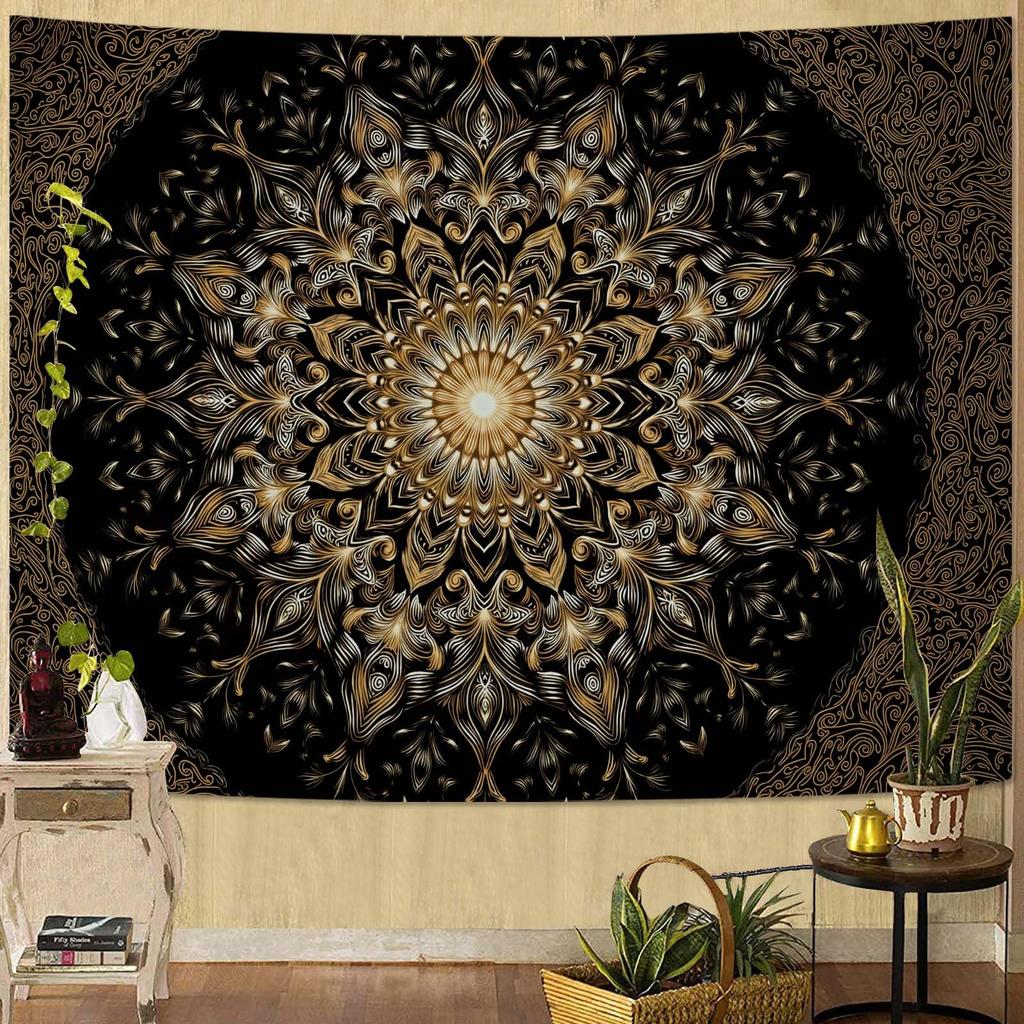 Black & Gold Mandala Tapestry, Elegant Wall Hanging with Intricate Golden Floral Pattern On Black Background, for Bedroom Decor