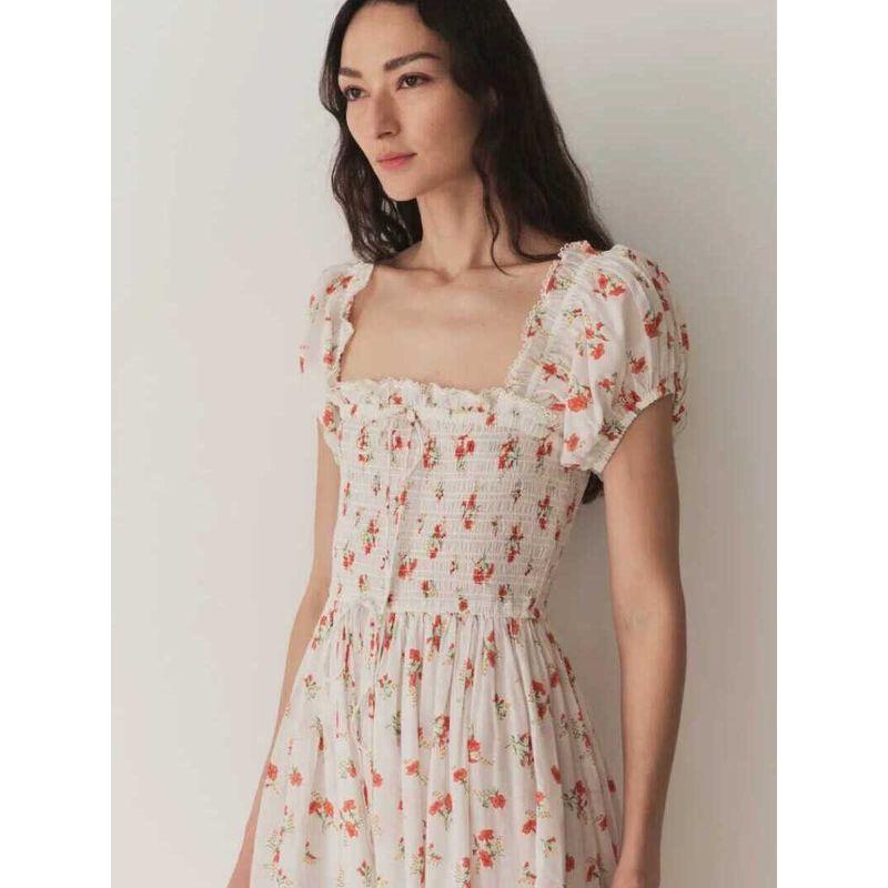 French Pastoral Style Sweet Floral Flounce Puff Sleeves Two-Way Wear Waist Slimming Long Holiday Dress