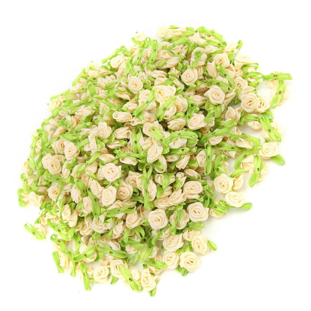 450Pcs Mini Ribbon Rose Decoration Bow Flower with Leaf Ornament for DIY Sewing CraftingBeige