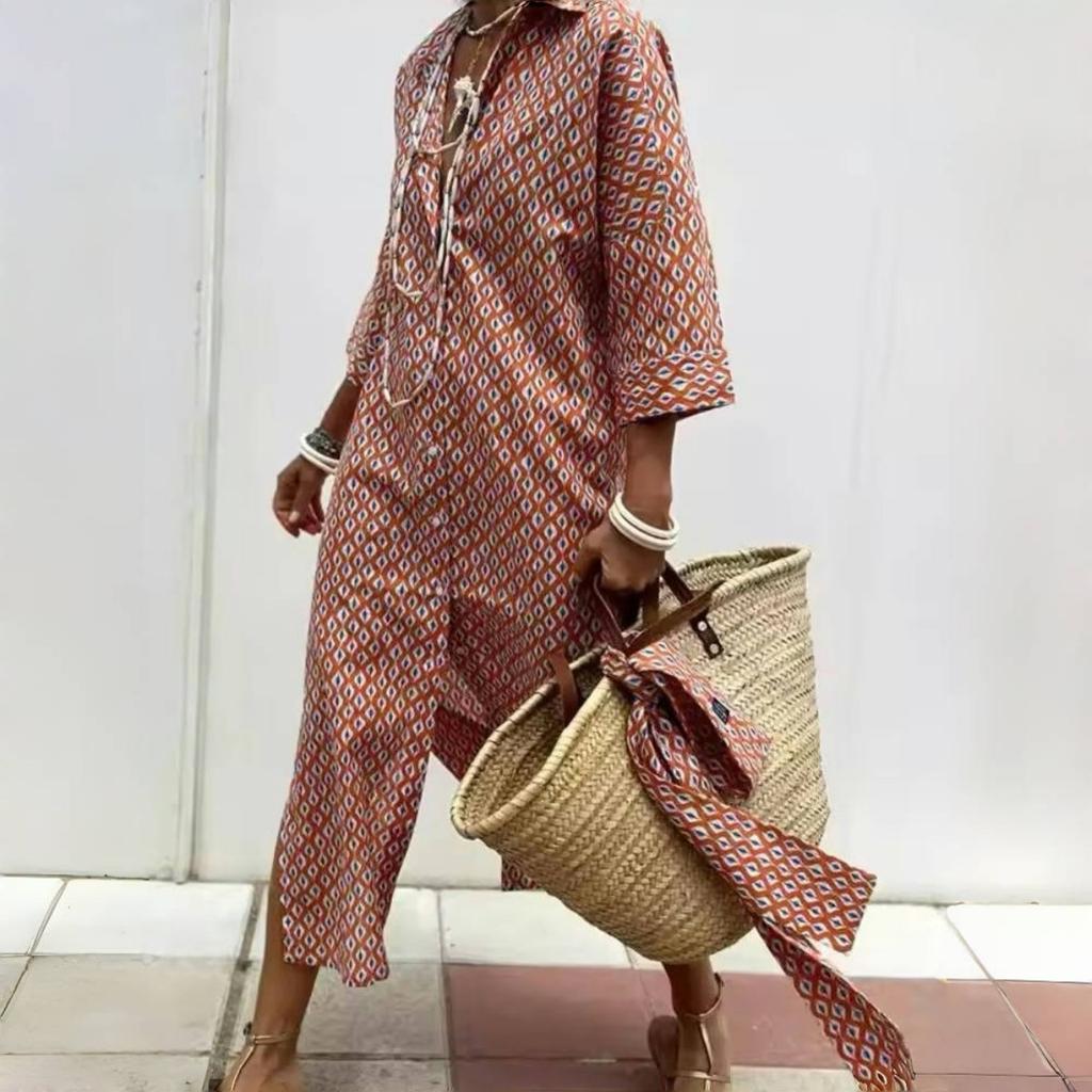 Long Sleeve Cotton Linen Shirt Dress Elegant Long Dress for Women Fashion Print Button Lapel Neck Casual Dresses Robe Femme