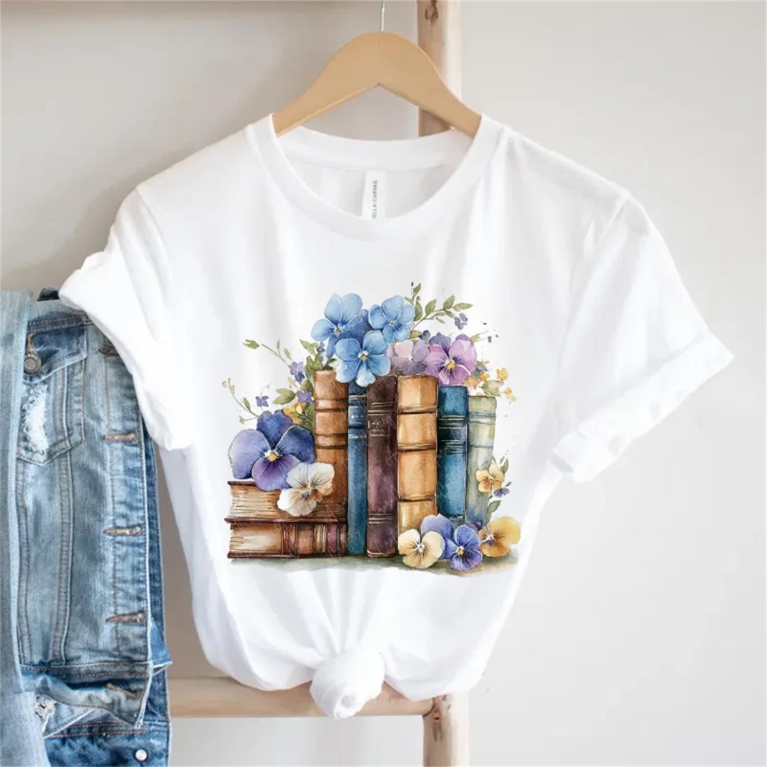 2025 Harajuku Top Summer New Flower Printed Pattern Top Cute T-Shirt Women s Fashion Style Basic Cartoon 90s Popular T-Shirt S