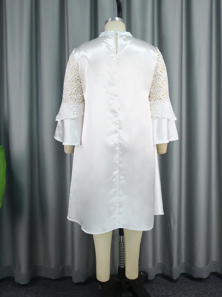AOMEI Rochii albe din satin ocazional pentru femei Toamna Dantela Patchwork Jumătate cu mânecă Confortabil Modestă Elegantă Femeie Africană Lucru de birou Nou