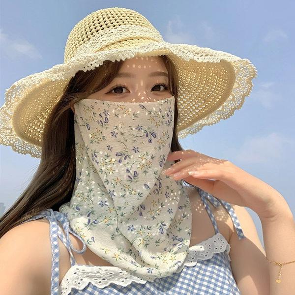 Women Summer UV Sun Protection Face Mask Ice Silk Breathable Thin Ear Loop Floral Print Full Face Neck Cover Cycling