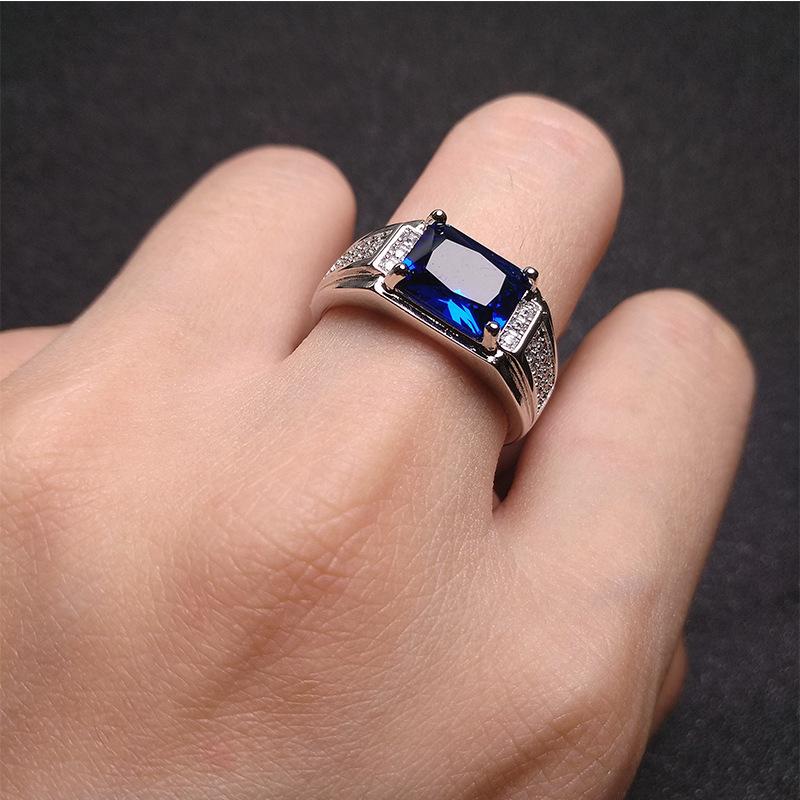 Buyee 925 Sterling Silver Male Ring Finger Blue Crystal Ring for Men Fashion Wedding Fine Jewelry Circle Gift