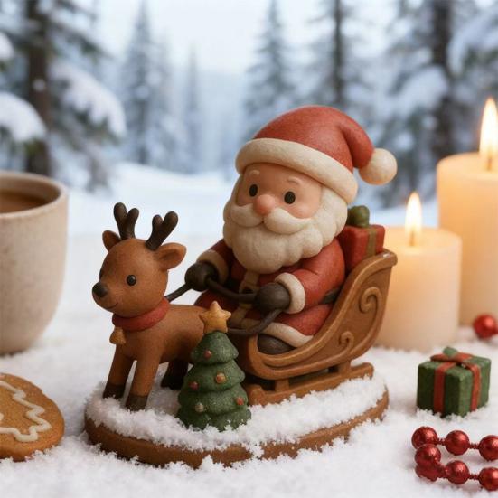 Santa Claus Reindeer Sleigh Resin Figurine Handcrafted Christmas Tabletop Decor Holiday Gift for Family Friends