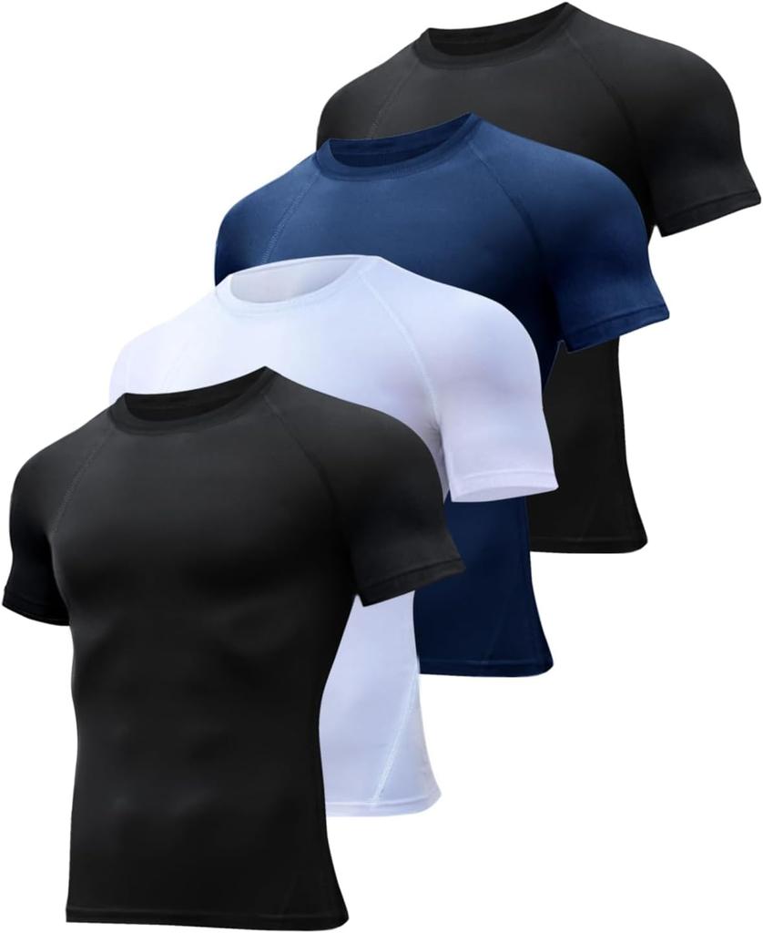 5 Pack Men's Workout Compression Shirts Short Sleeve Shirts, Black, Blue, White