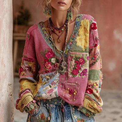 Dammode Långärmad V-ringad Vintage Patchwork Blomtryck Casual Topp