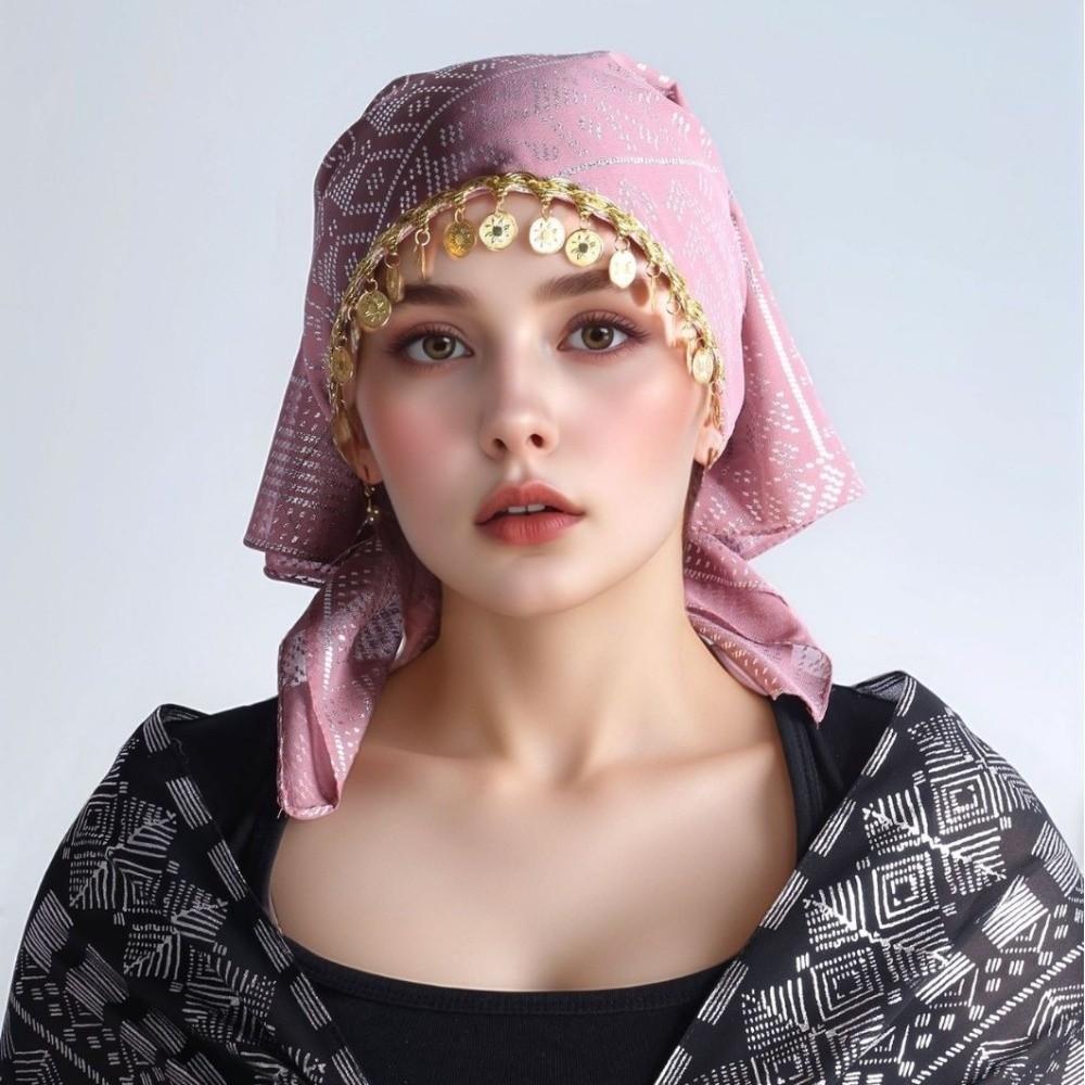 Floral Print Golden Beaded Hijab Breathable Elegant Turban Hat Fashion Triangle Headscarf Eid Gift