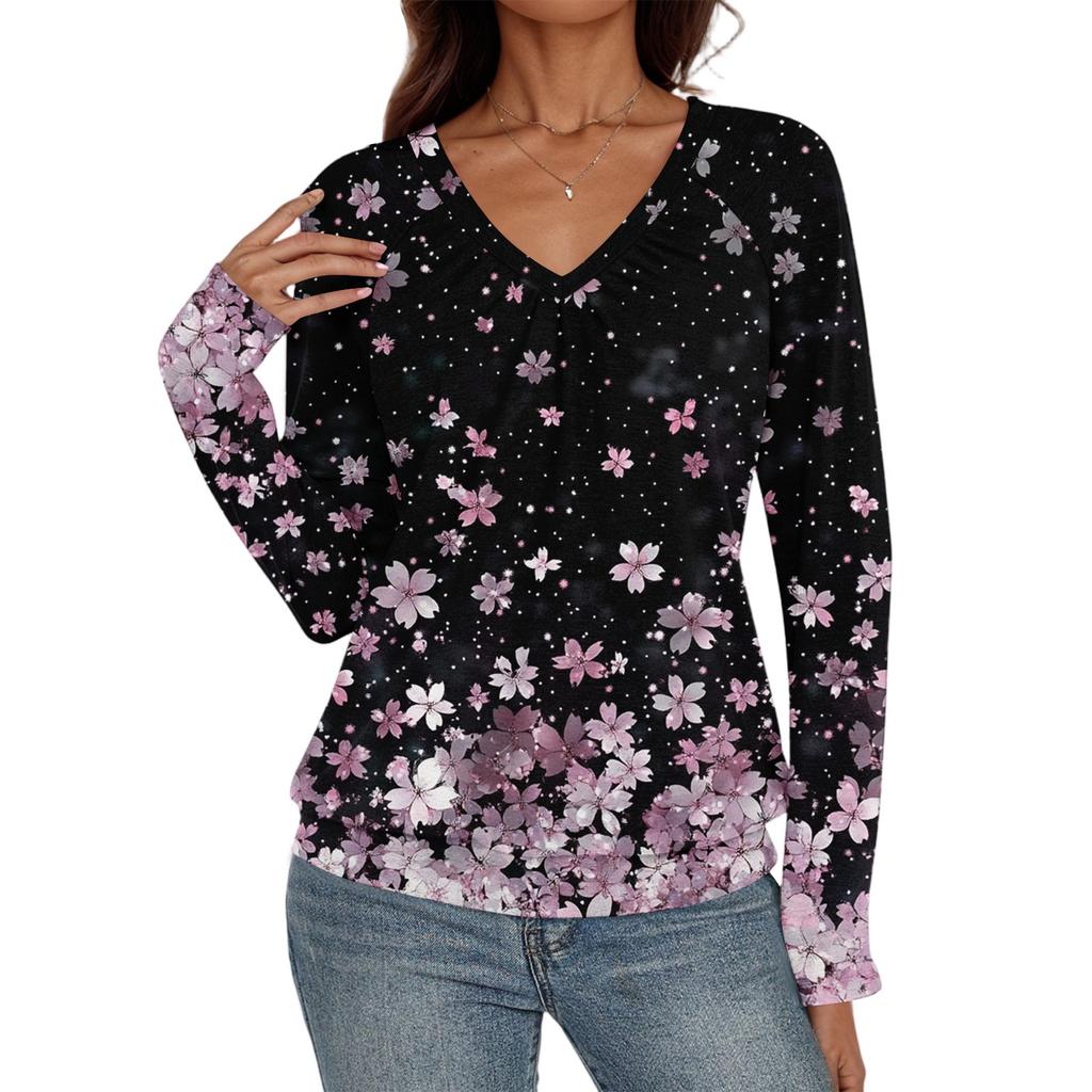 Women's Casual Fashion V-Neck Raglan Pleated Floral Print Long Sleeve Top
