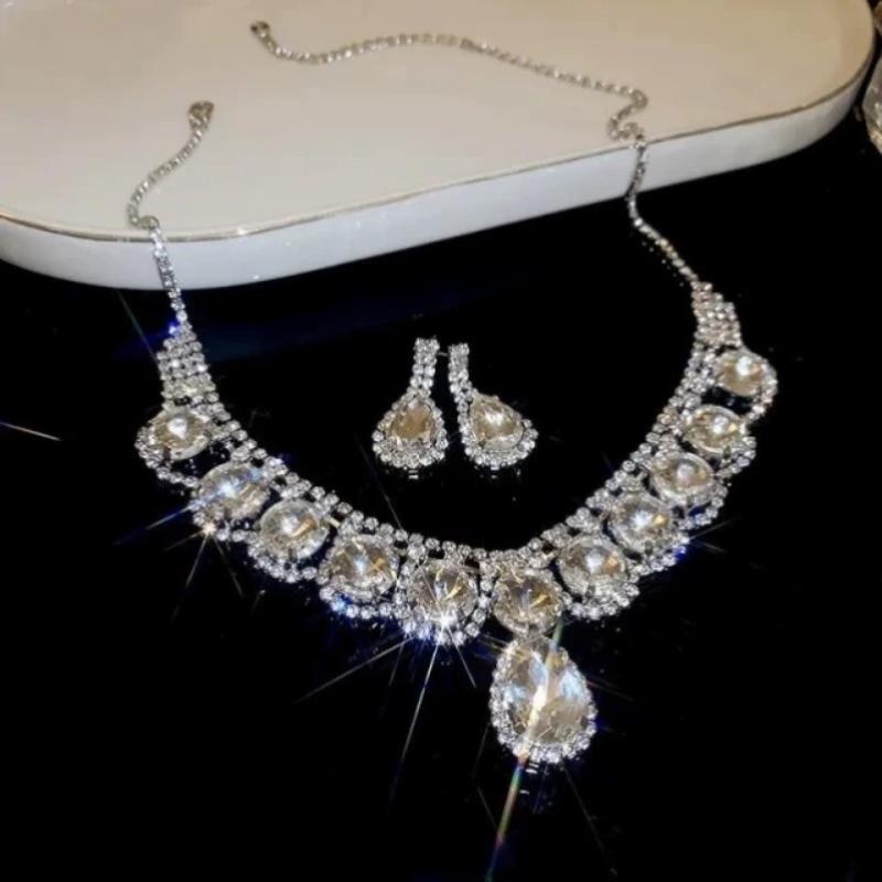 Fashion Simple Water Drop Crystal Rhinestone Necklace Earrings For Women Wedding Dress Accessories Light Luxury Jewelry Sets