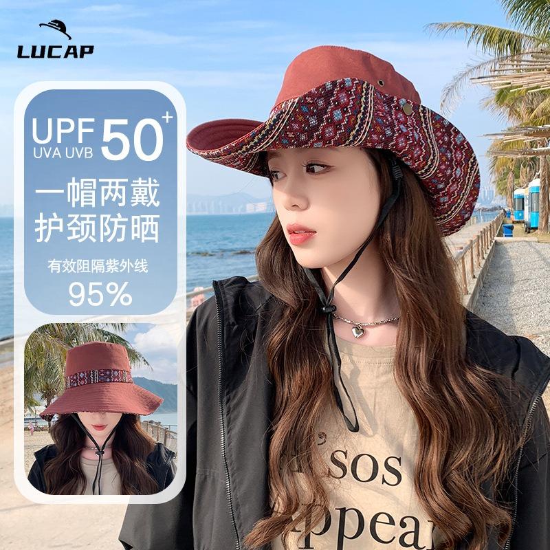 Western Cowboy Basin Hat Women's Spring Summer Retro Mountaineering Hat Outdoor Big Brim Sunscreen Bucket Hat