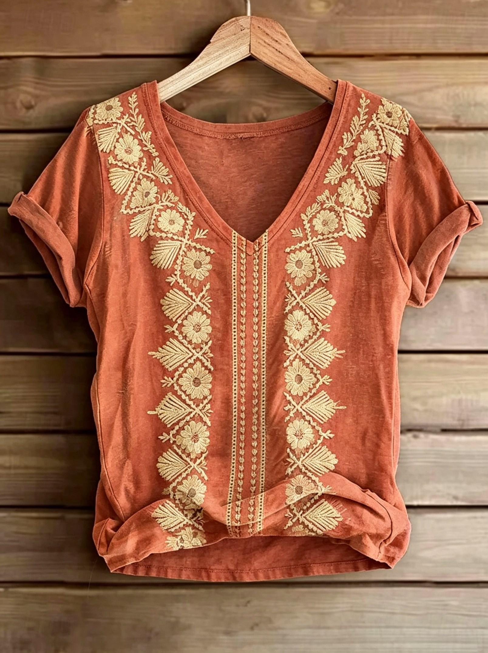Women s Boho Floral Embroidered V-Neck T-Shirt, Casual Short Sleeve Tops, Ethnic Style Daily Wear for Spring & Summer 4XL
