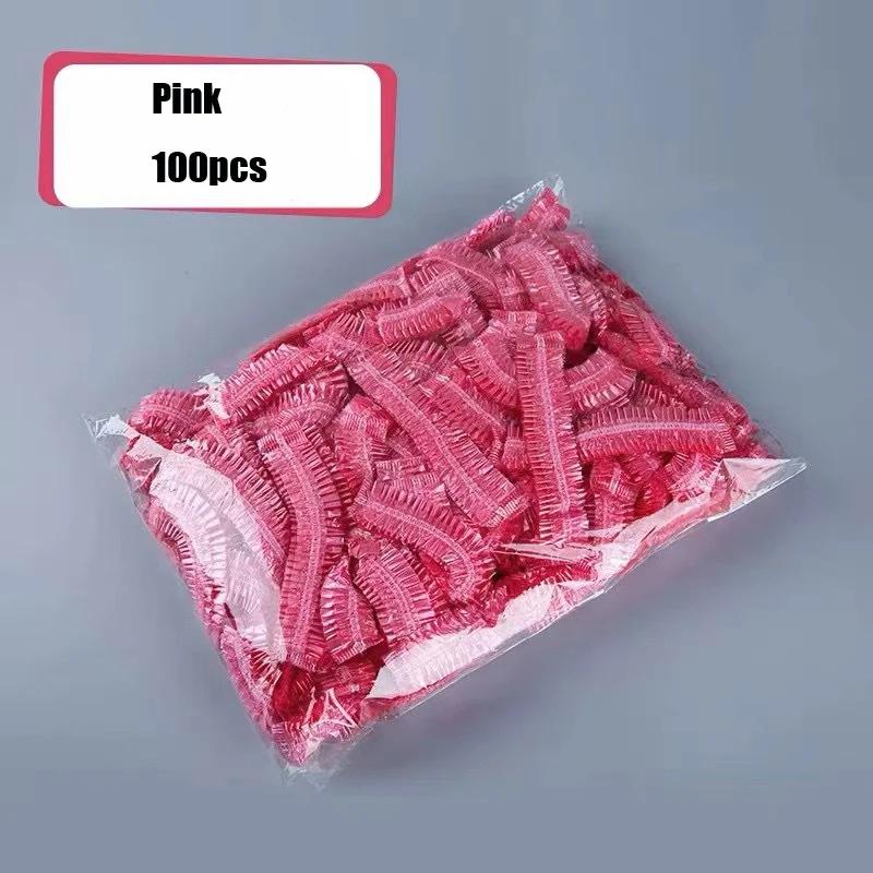 Women's Disposable Shower Cap, Plastic Waterproof Head Cover, Pink Spa Salon, Hotel Hair Dye, Elastic Hair Cap, 100 Pieces/set