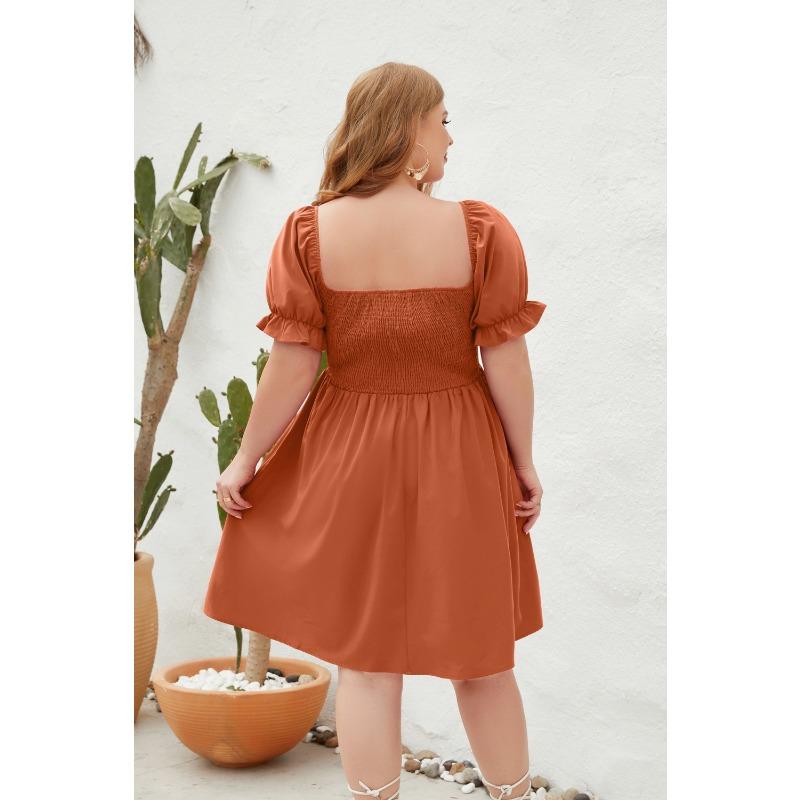 Plus Size Women's Plus Size Solid Color Casual Vacation Travel Square Neck Bubble Sleeve Dresses
