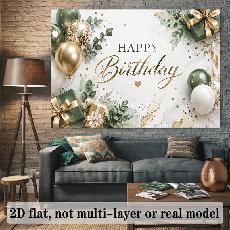 2D Flat Banner, Happy Birthday Backdrop, Dark Green and Golden Balloons, Gift Boxes, Fresh Green Leaves