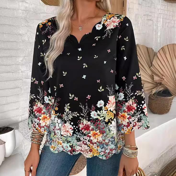 

2024 European & American Wavy V-Neck Fashion Print Long-Sleeve Women s Casual Shirt Small белый