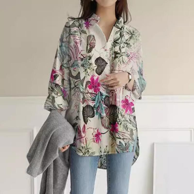 Fashion Long Sleeve Loose Large Size Printed Blouse Women Elegant Long Sleeve Office Ladies Casual Simple Tops Lapel Vintage Spring Summer Shirts