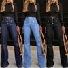 Women High Waist Button Flared Slim Fit Casual Long Denim Jeans