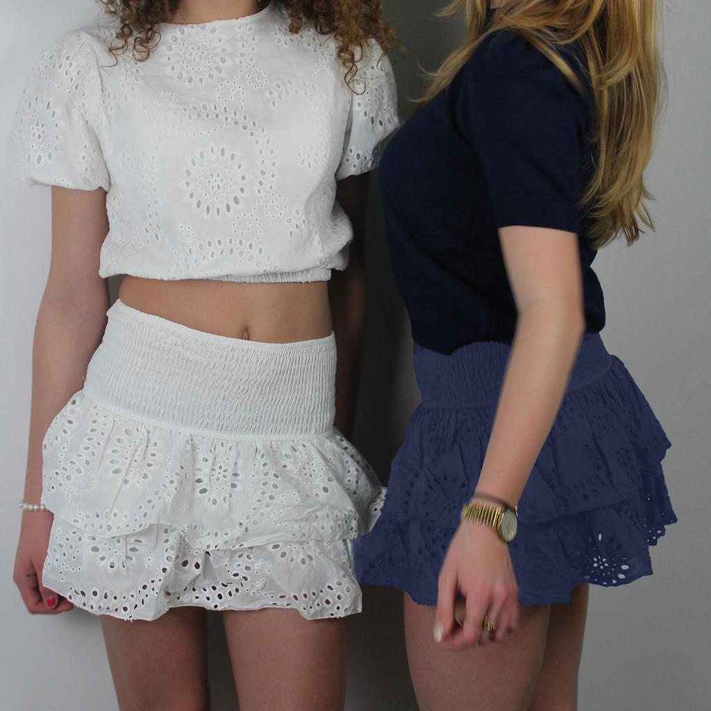 Women's Shirred Mini Skirt A-Line Pointelle High Waist Layered Ruffle Skirt for Summer Party Club