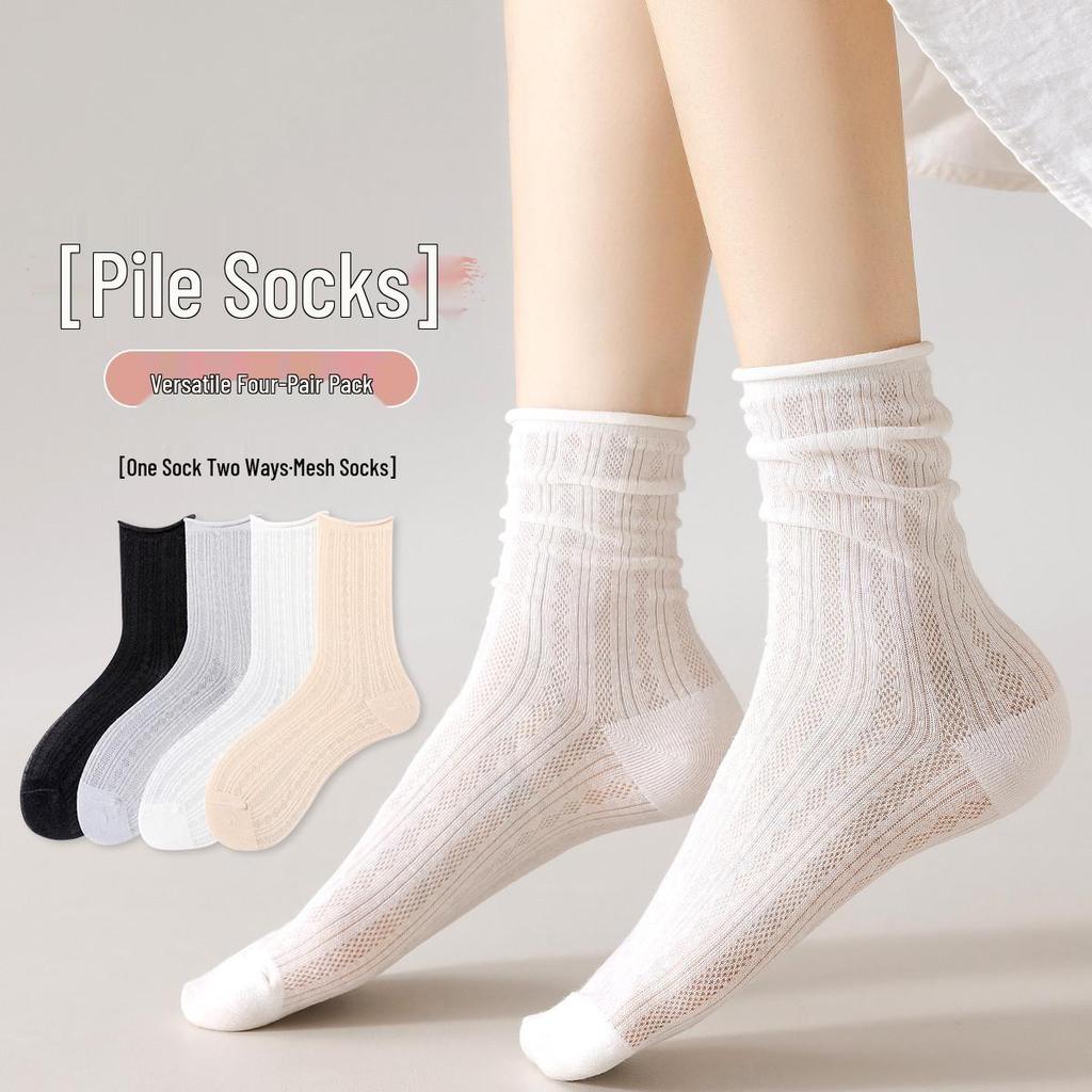 Yuxuan Women's Ice Silk Mesh Socks - Breathable, Soft, Mid-Calf Scrunch Style for Spring, Summer, and Autumn In White.