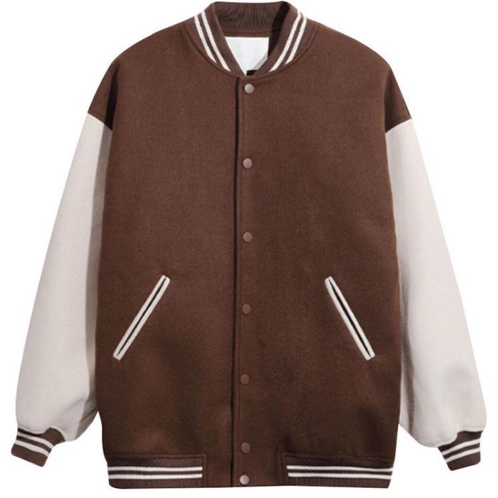 Women s Vintage Patchwork Baseball Jacket - Retro, Casual, Loose Fit for Autumn 2X-Large кофейный