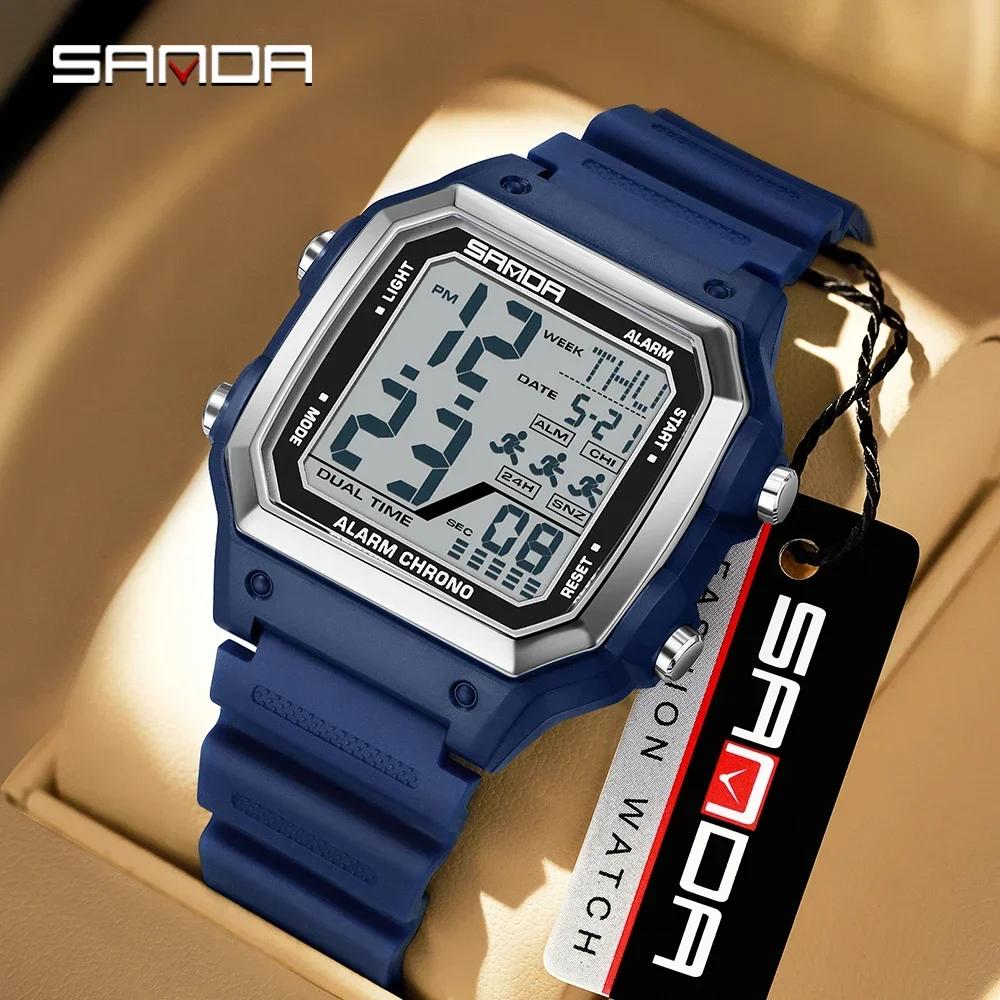 Sanda 6380 Fashion Men's Electronic Led Digital Watch Sports Night light Multi Functional Waterproof Student Timing Alarm Clock