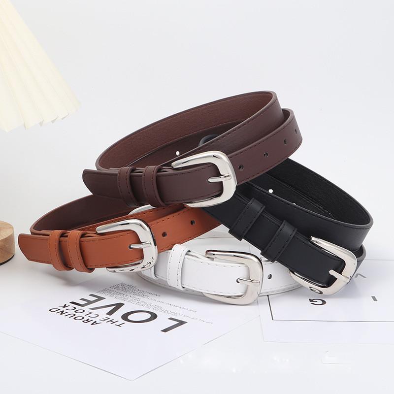 Womens Silver Needle Buckle Slim Belt Premium Minimalist Accessory Versatile