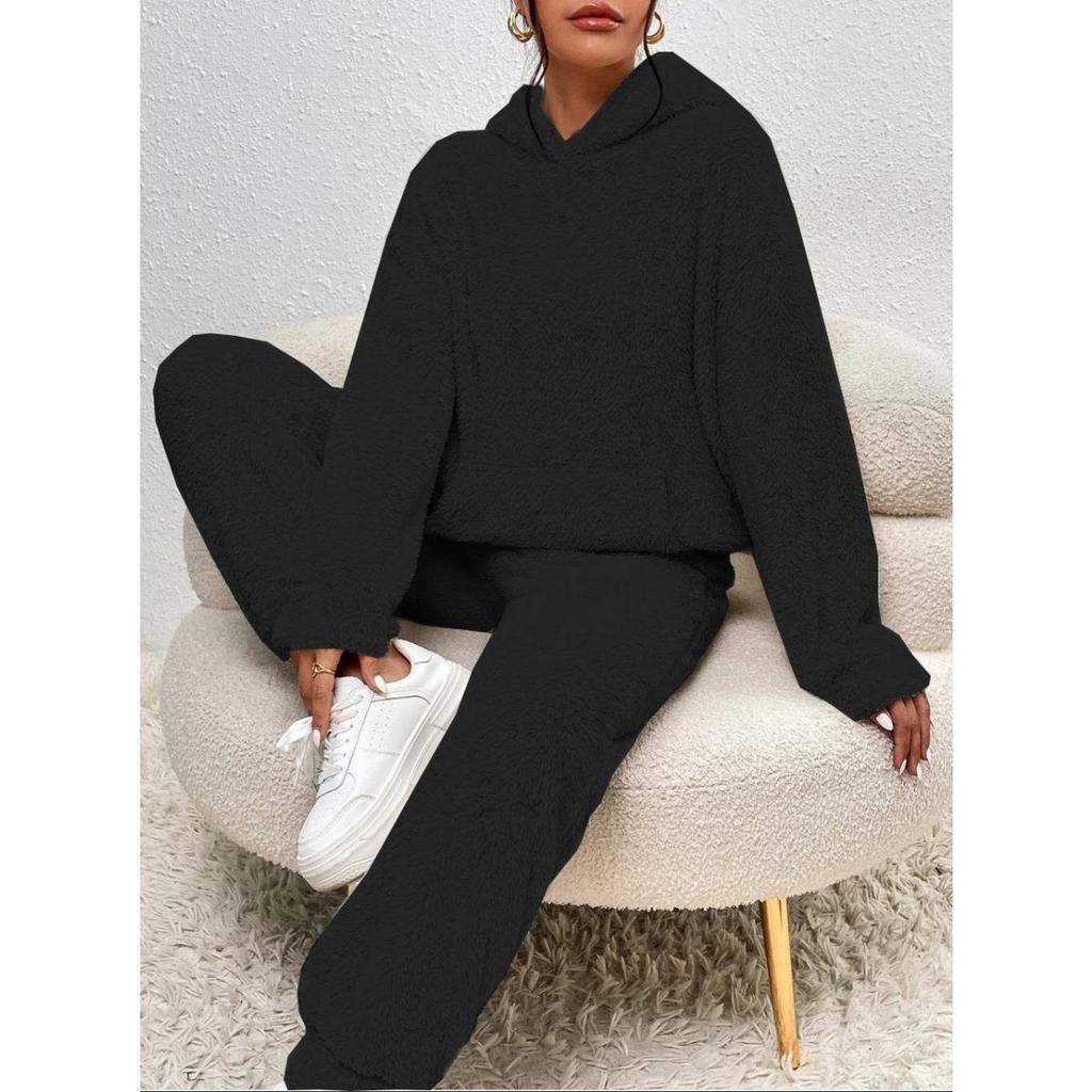 Abbigliamento da donna autunnale e invernale a tinta unita, set due pezzi casual da casa con felpa con cappuccio a maniche lunghe, tasca applicata e pantaloni