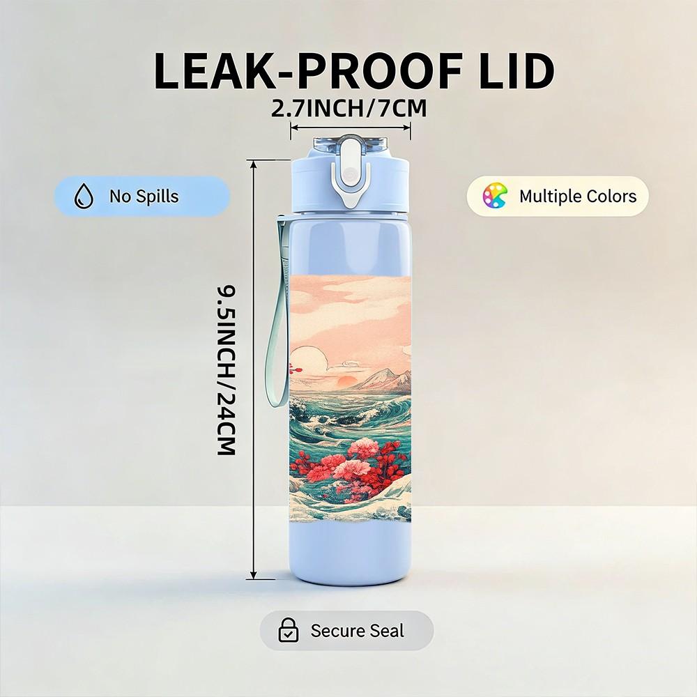 1PC Ocean Wave Mountain Watercolor Print 750ml Color Plastic Sports Water Bottle Leakproof Flip Straw Lid Suitable for Sports Office Home Use