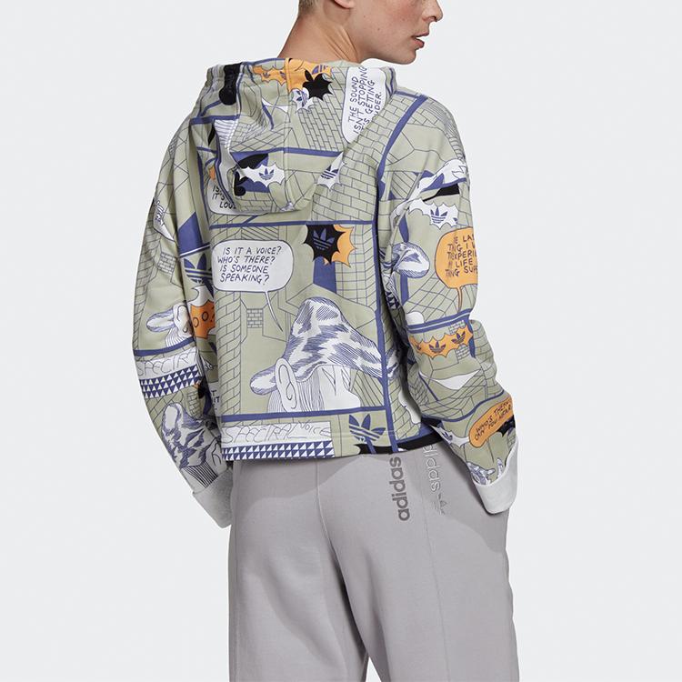 Adidas Originals Trefoil Hoodie Comic Graffiti Short Casual Sports Pullover Sweatshirt Women hoodies Green GN4259