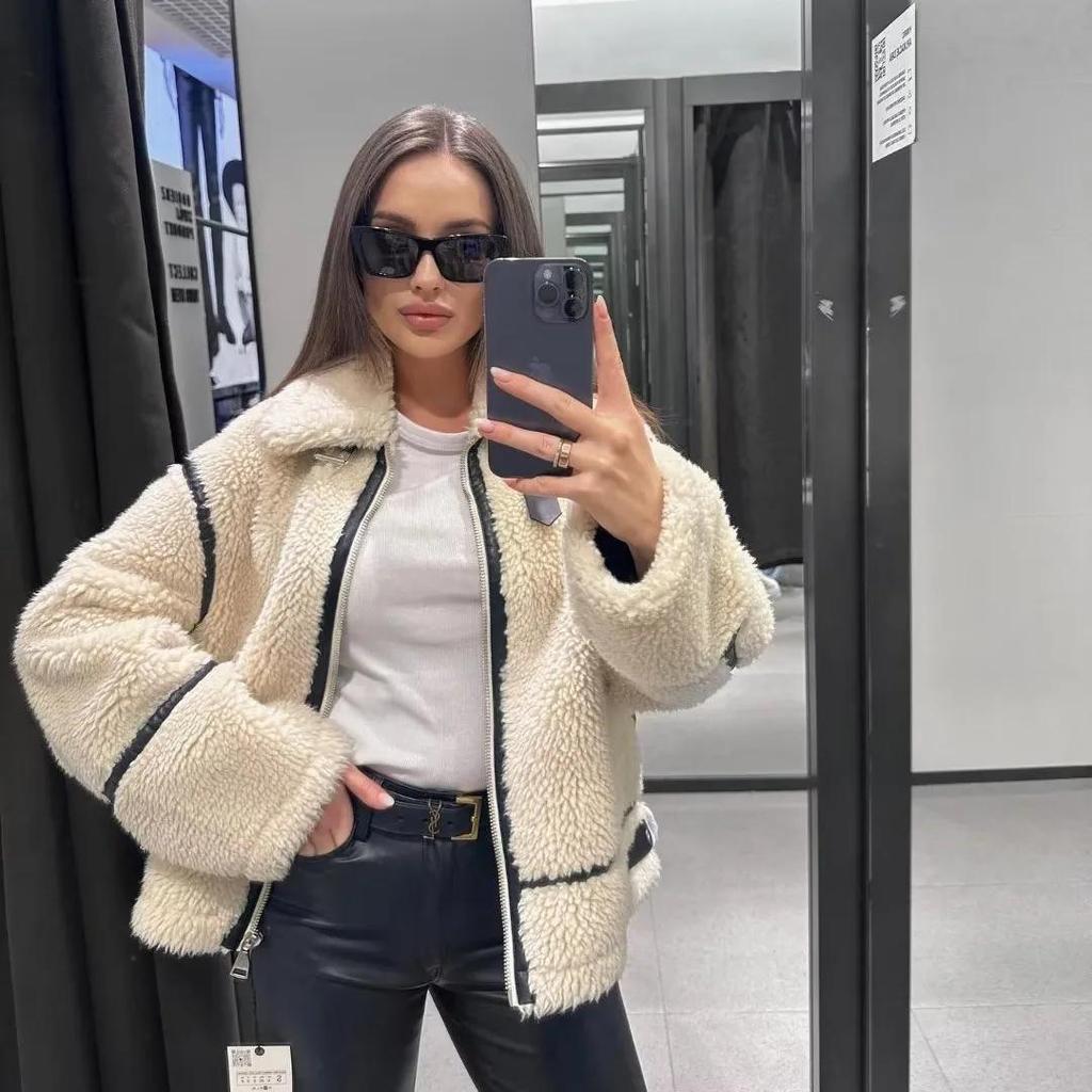 Women Overcoat Lamb Plush Jacket Lapel Zipper Contrast Color Integrated Overcoat Versatile Autumn Winter Warm Thickened Coat