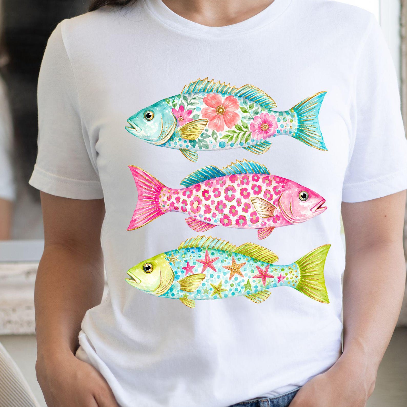 Floral Pattern Fish Tee | Colorful Tropical Fish Shirt, 10 colors XL