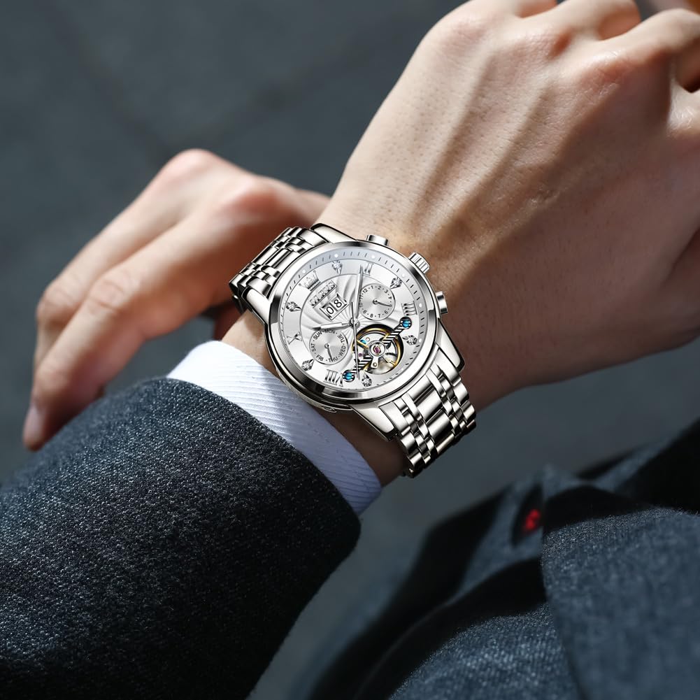 OLEVS Mechanical Automatic Moon Phase Watch Stylish Skeleton Waterproof Popular Luminous Watch for Men