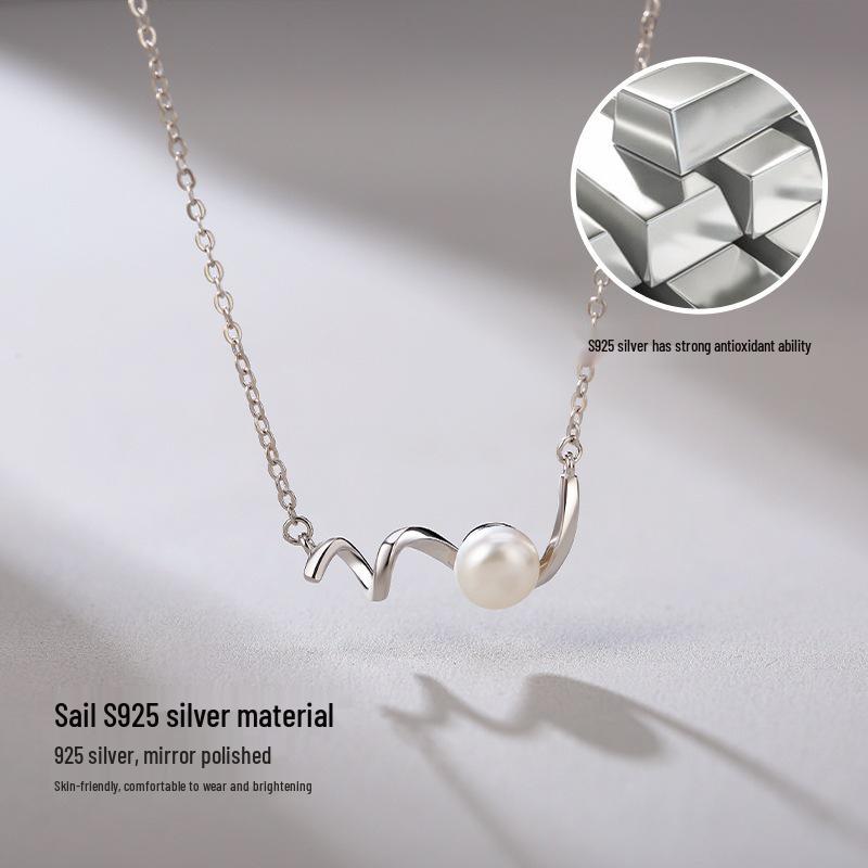 Sterling Silver Freshwater Pearl Wave Necklace - Chic Design Clavicle Chain