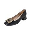 Soft leather shoes square heel small size large size single shoes women's summer and autumn square head grandma shoes middle heel temperament black 