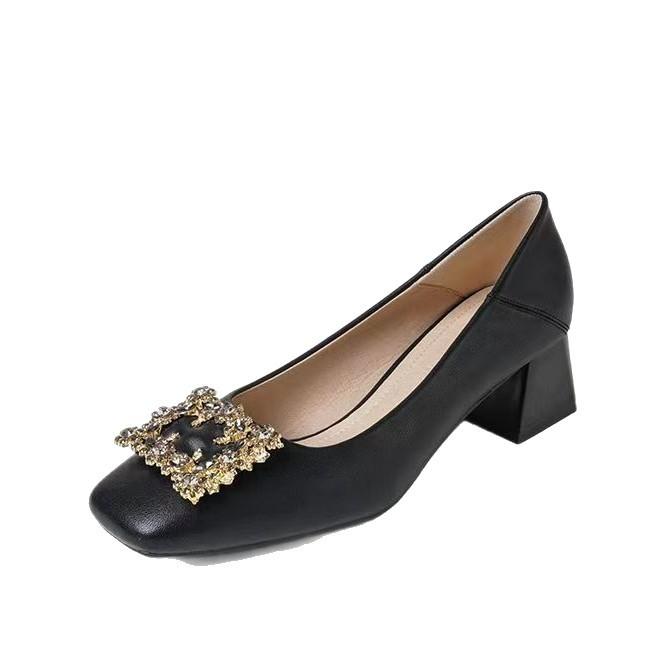 Soft leather shoes square heel small size large size single shoes women's summer and autumn square head grandma shoes middle heel temperament black
