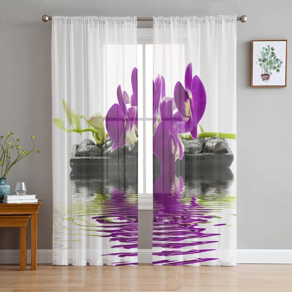 Flower Pure Orchid Water Surface Window Curtains Living Room Tulle Curtains Kitchen Decor Kids Room Curtain Window Treatment
