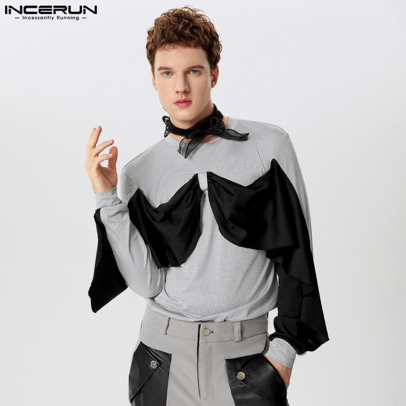 

INCERUN Весенние мужские топы с круглым вырезом и большим бантом в стиле пэчворк с длинным рукавом, повседневные майки XL бежевый