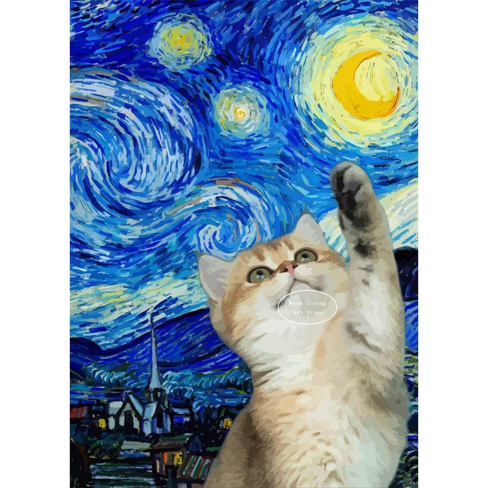 5D Diy Diamond Painting Cross Stitch Embroidery Mosaic Funny Black Cat Flower Van Gogh The Starry Night Full Round Drill Home Decor Wall Art Gift