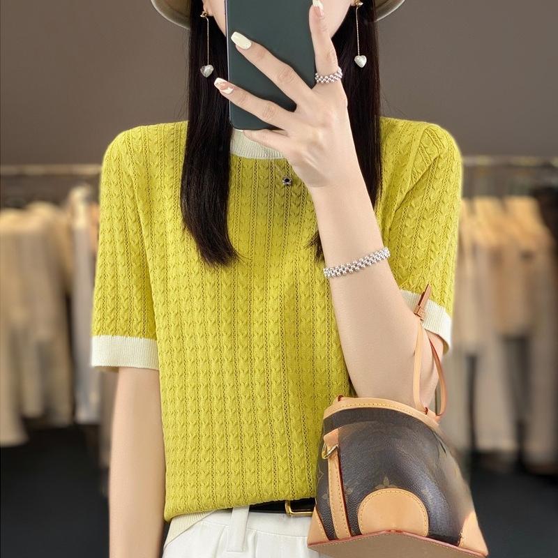 Summer Women's Ice Silk T-shirt Contrast Knit Short Sleeve Shirt Five-quarter Sleeve Hollow Out Lightweight Top Crew Neck Tee