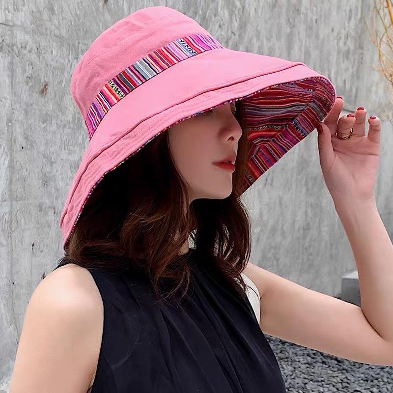 Ethnic style double-sided bucket hat women's big edge Internet celebrity versatile summer hat women's sun protection hat sun hat spring and autumn