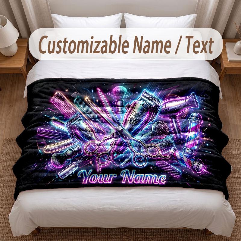 Barber Salon Theme Soft Blanket Personalized Custom Name Text Print Warm Blanket Home Sofa Bedroom Decor